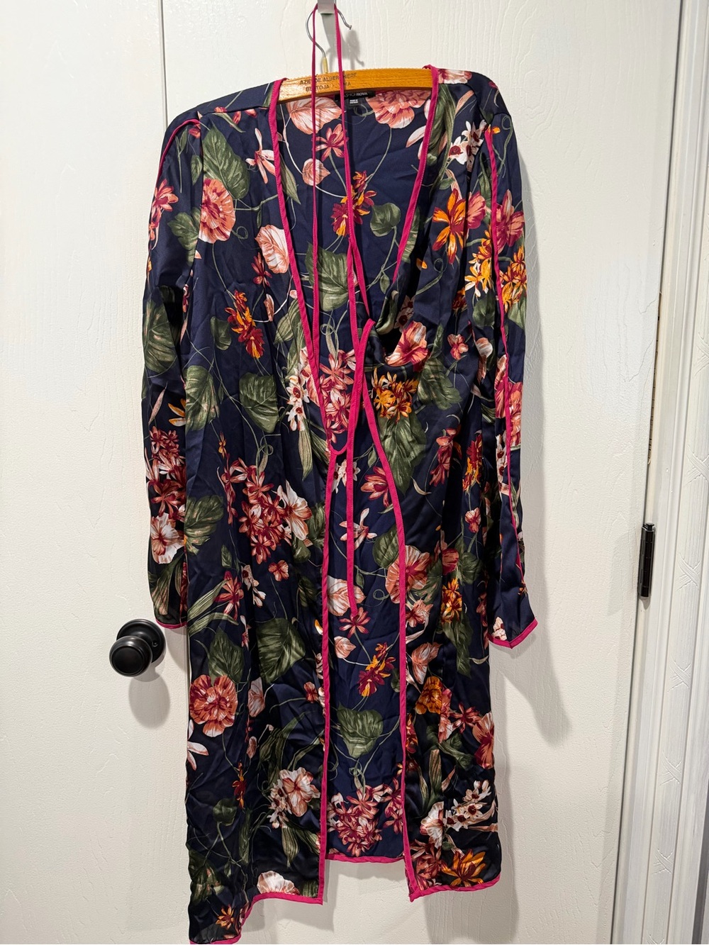 Fashion Nova Navy Floral Satin Robe with Pink Trim